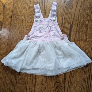 OshKosh Baby Denim Tulle Bunny Jumper Dress Overalls Pink w White Glitter Tulle